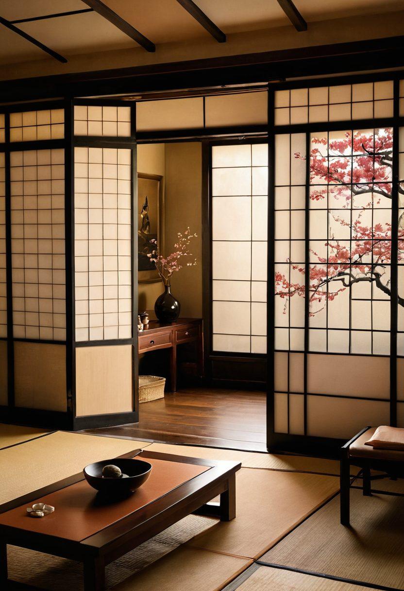 A detailed illustration of a traditional Japanese room with shoji screens, showcasing an artistic juxtaposition of traditional and modern elements related to Japanese erotica. The scene should incorporate subtle hints of societal symbols, like cherry blossoms and contemporary art pieces, blending elegance and sensuality harmoniously. Soft, warm lighting should enhance the atmosphere, inviting viewers to explore the nuanced relationship between culture and erotic art. super-realistic. vibrant colors. exquisite details.