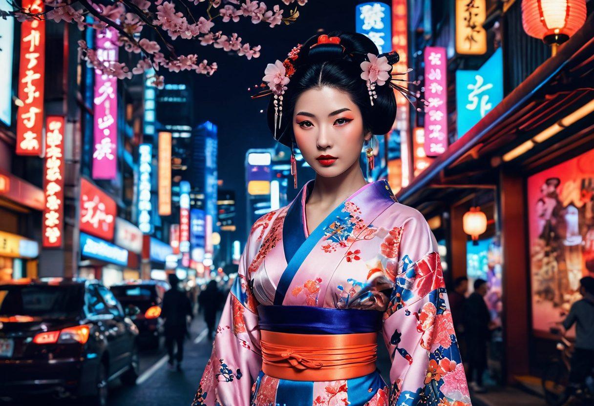 A captivating blend of traditional and modern Japanese elements, featuring a geisha in the foreground surrounded by neon lights representing the adult industry. Incorporate symbols of evolution like cherry blossoms transforming into digital motifs. The background should hint at Tokyo's skyline merging with historical architecture. Use a rich color palette to evoke the complexity of desire. super-realistic. vibrant colors. cyberpunk.